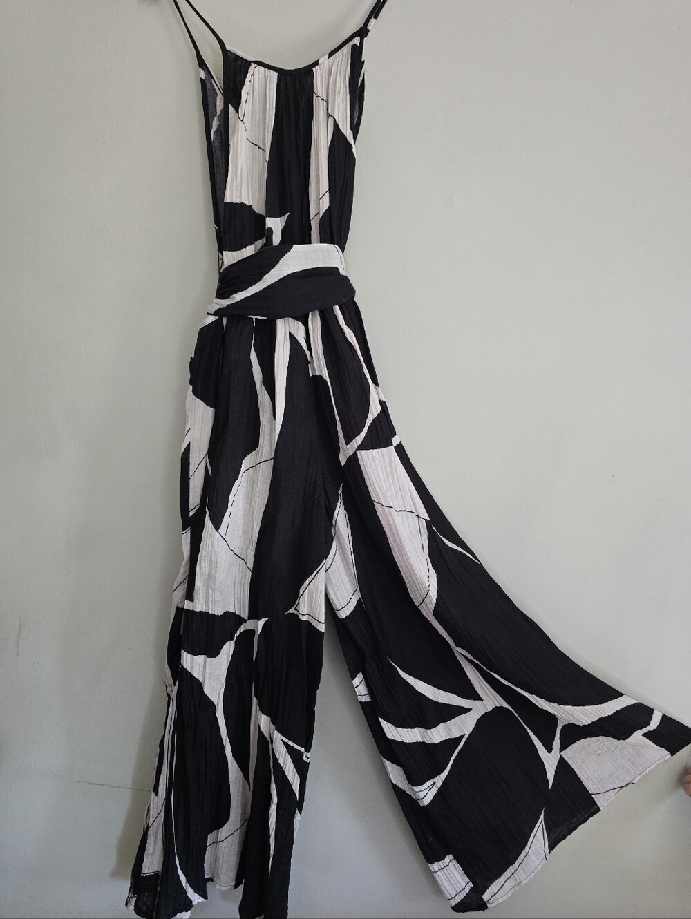 Anthropologie Boho White Black Sheer Print Cotton Gauze Wide Leg Jumpsuit, Large - Picture 4 of 8